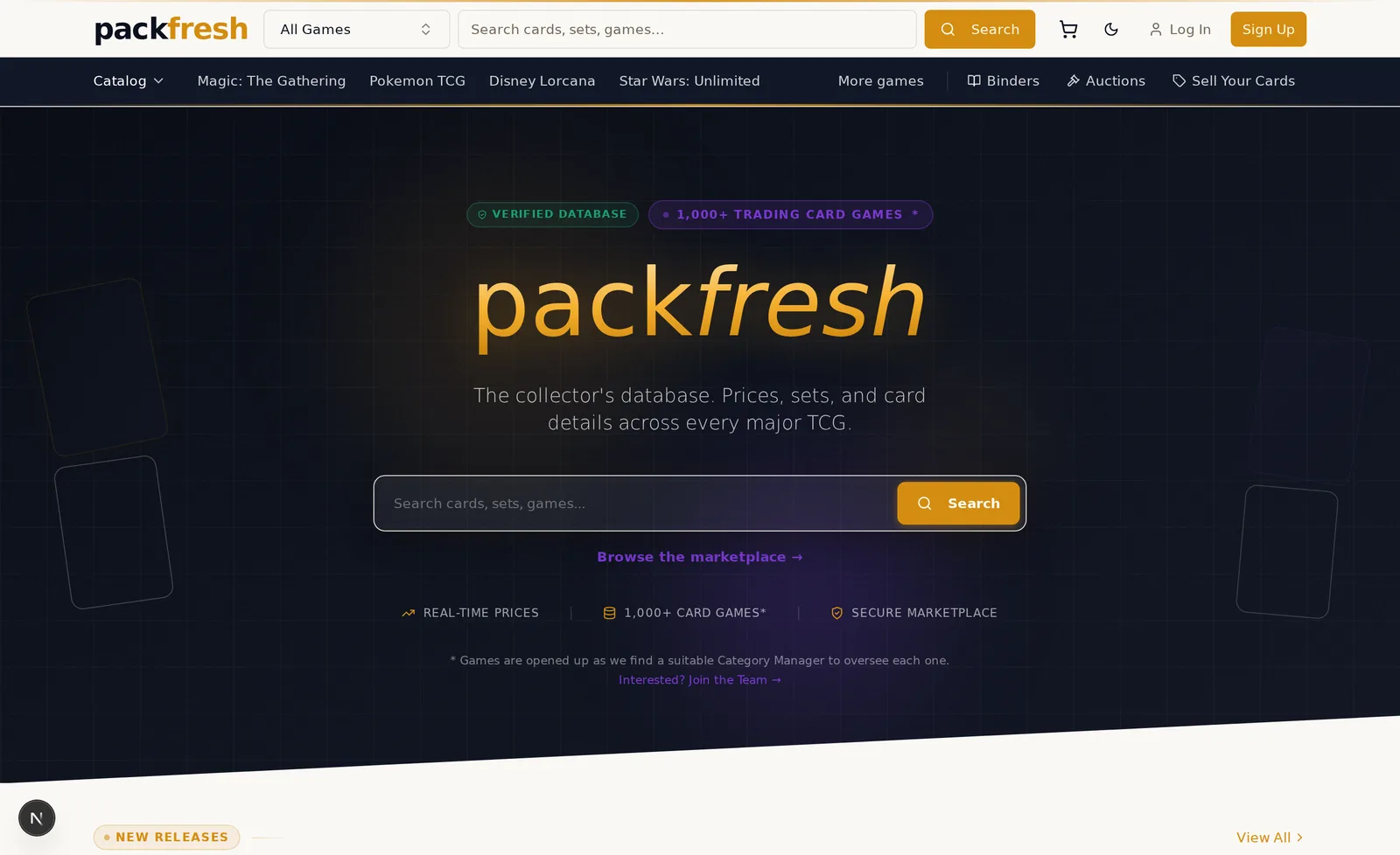 The PackFresh marketplace: search across every major trading card game, with browse rails for Magic, Pokémon, Disney Lorcana and Star Wars Unlimited.